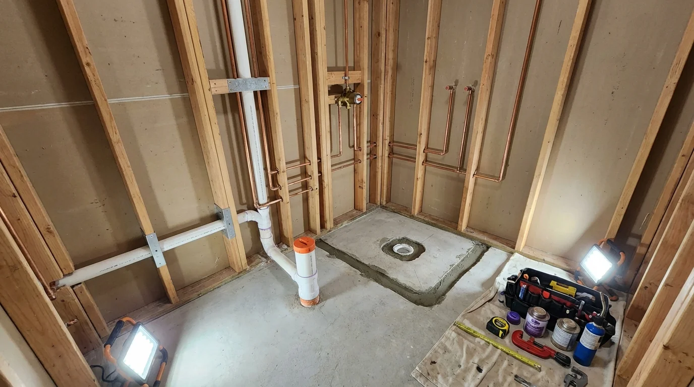Bathroom rough-in plumbing during remodel by Johns Plumbing LLC in Minnetonka